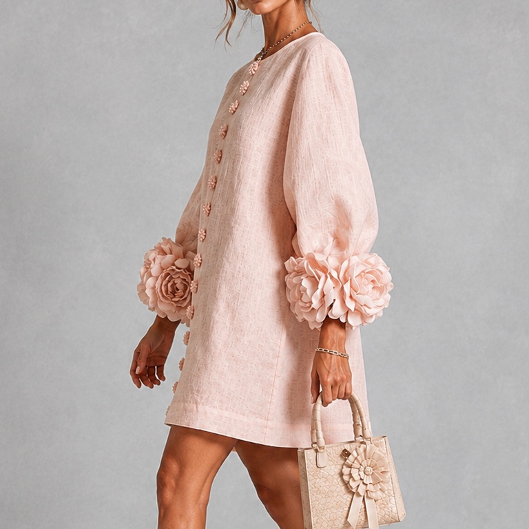 Elegant 3d Floral Lantern Sleeves Midi Dress