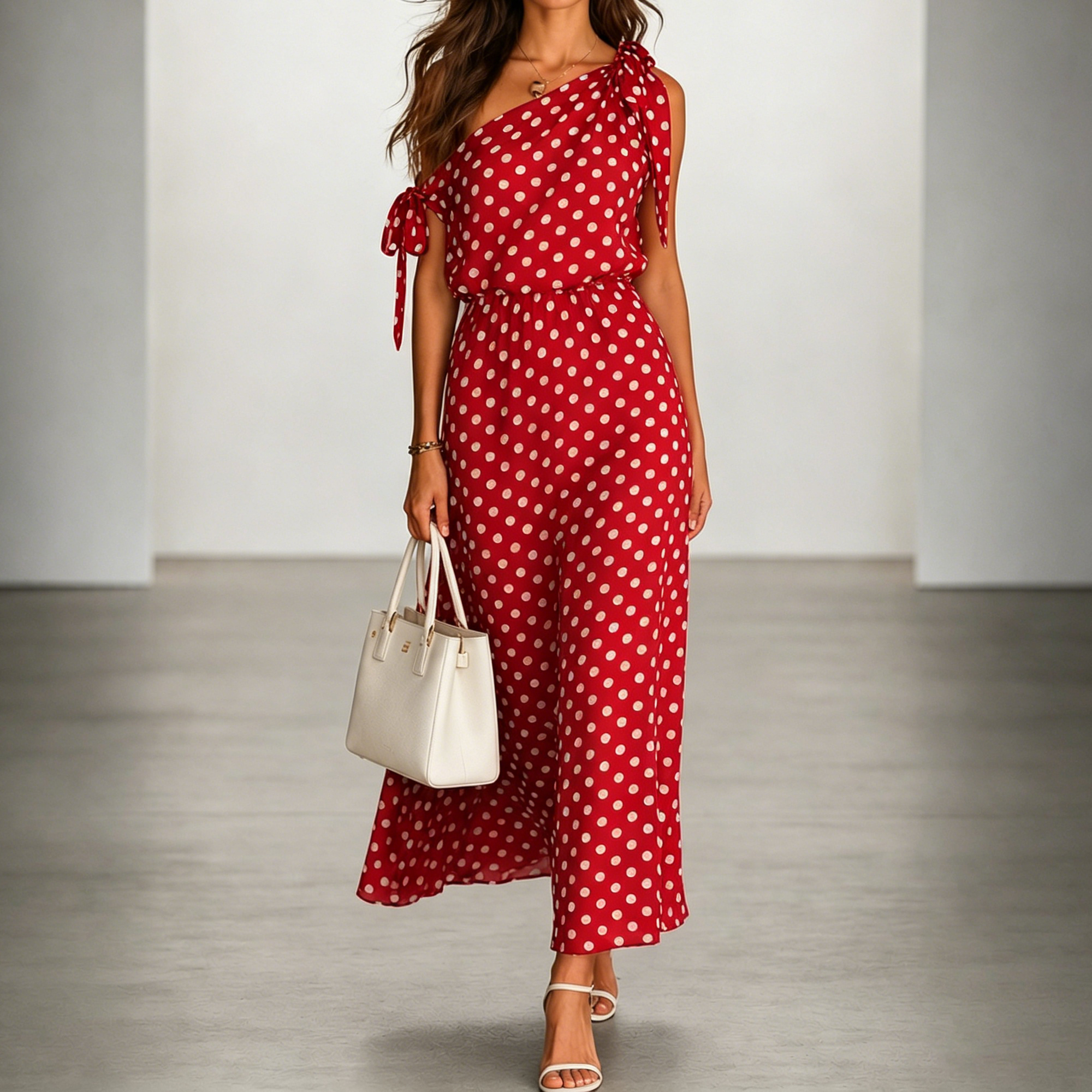 Elegant Off-shoulder Sleeveless Polka Dot Maxi Dress