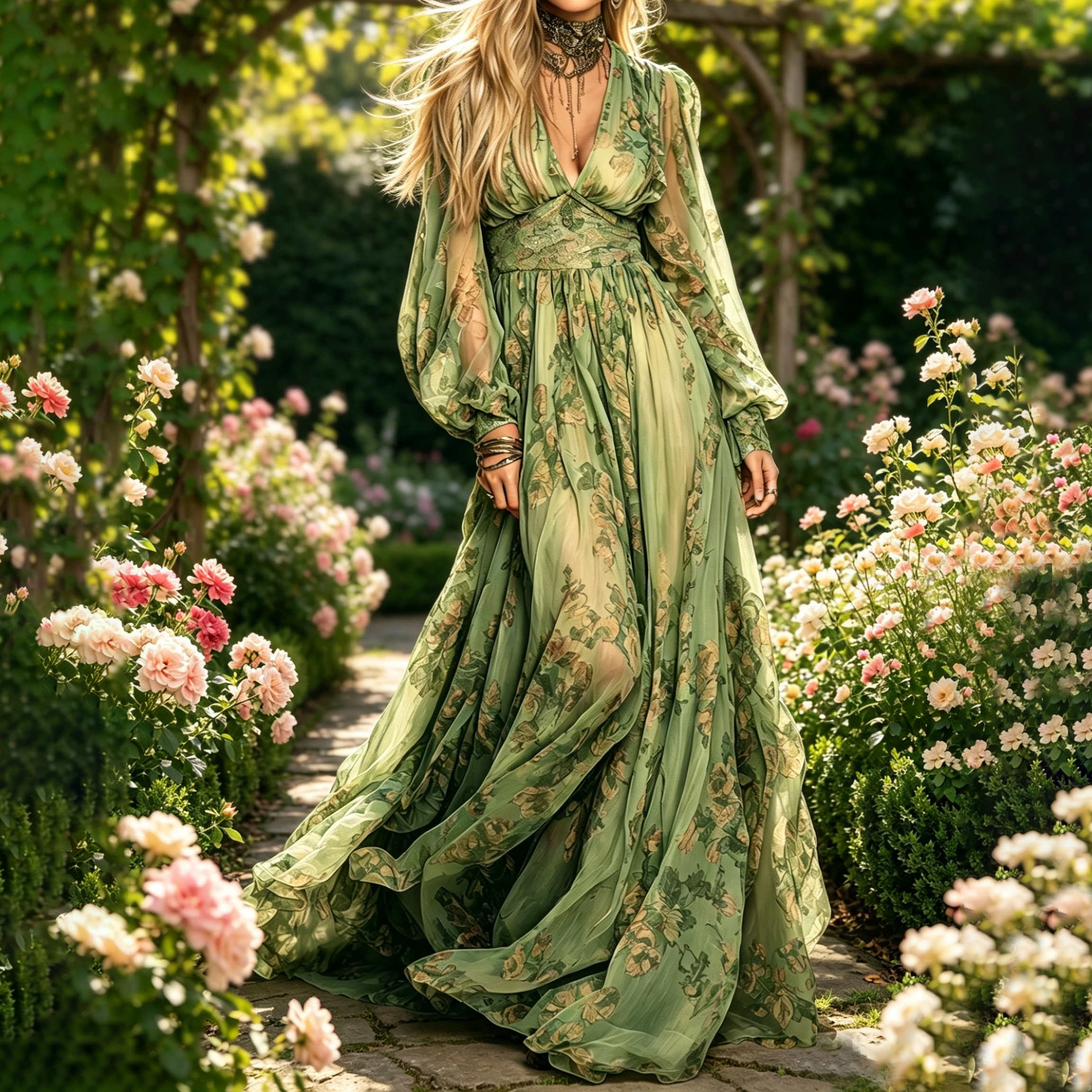 Retro Romantic Floral V-neck Long Sleeve Maxi Dress