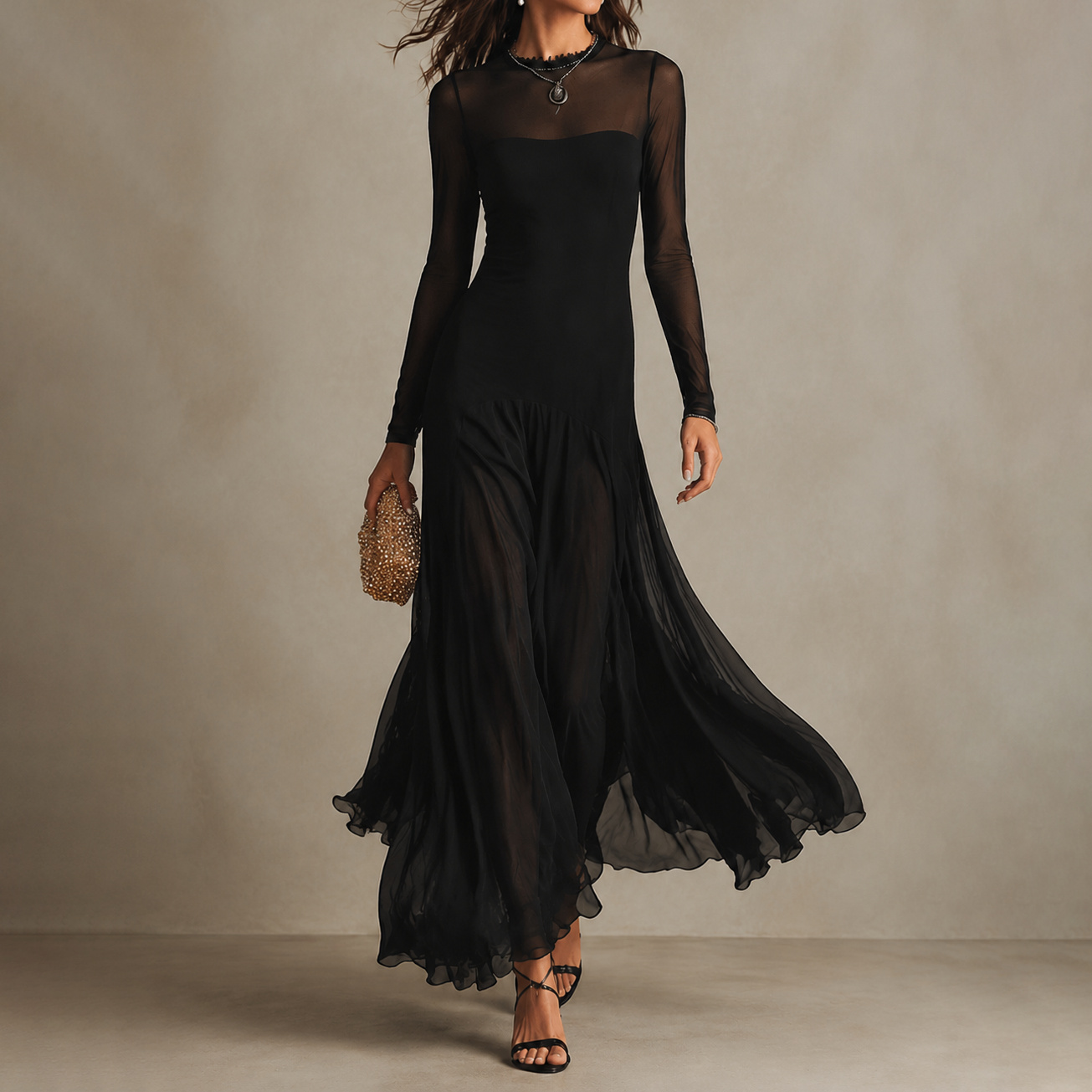 Elegant Mesh Splicing Maxi Dress