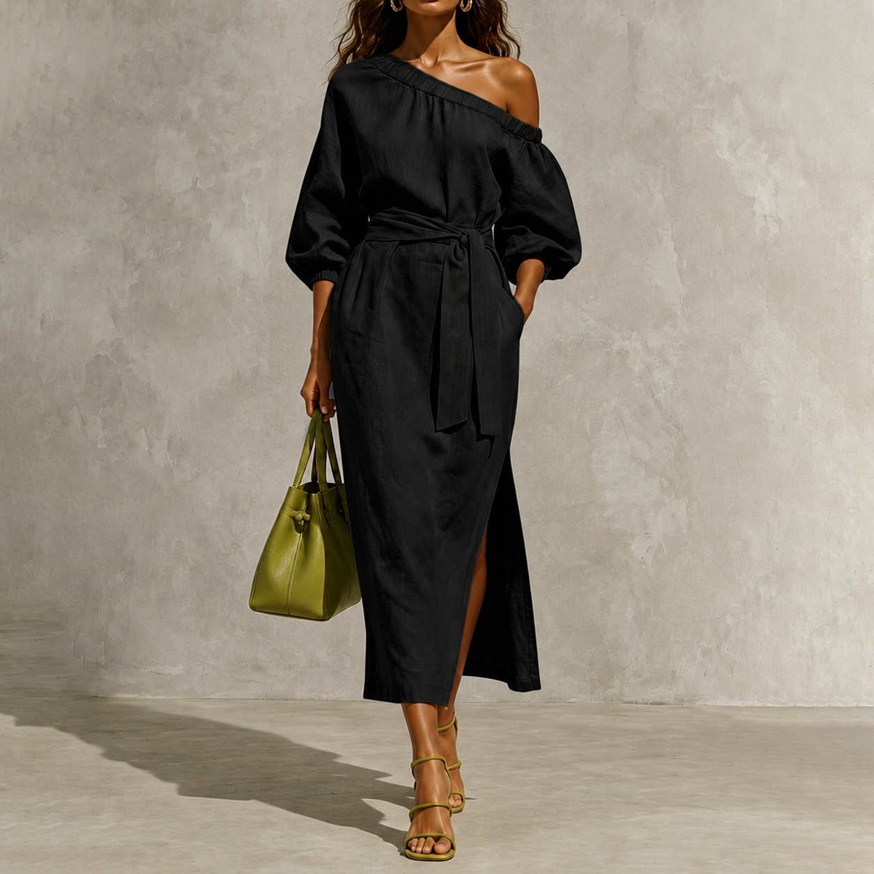Elegant One-shoulder Long Sleeves With Tie Maxi Dress