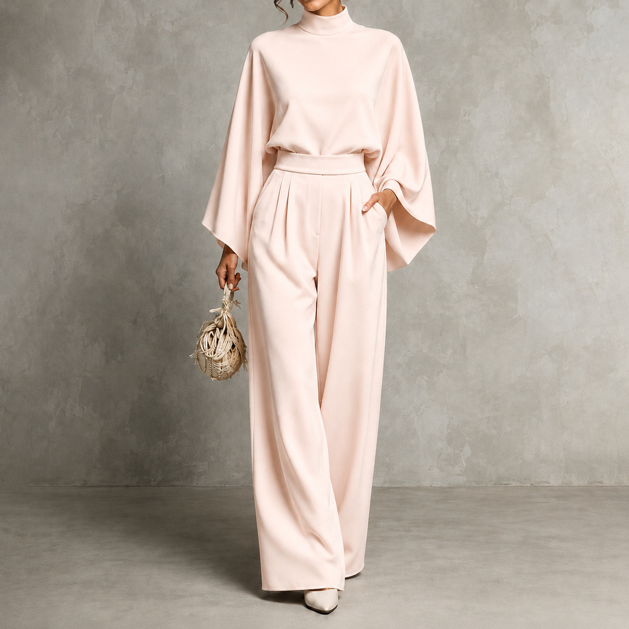 Elegance Solid Color Turtleneck Top + Loose Wide-leg Pants Two-piece Set