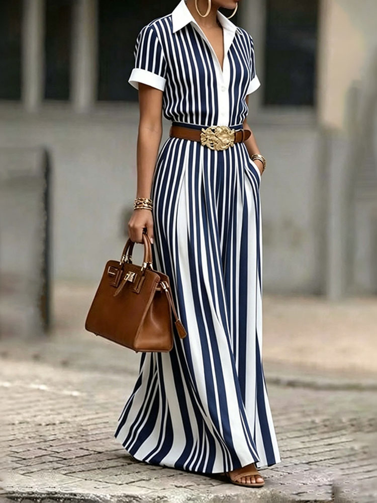 Elegant Striped Art Slim Fit Short Sleeve Dress