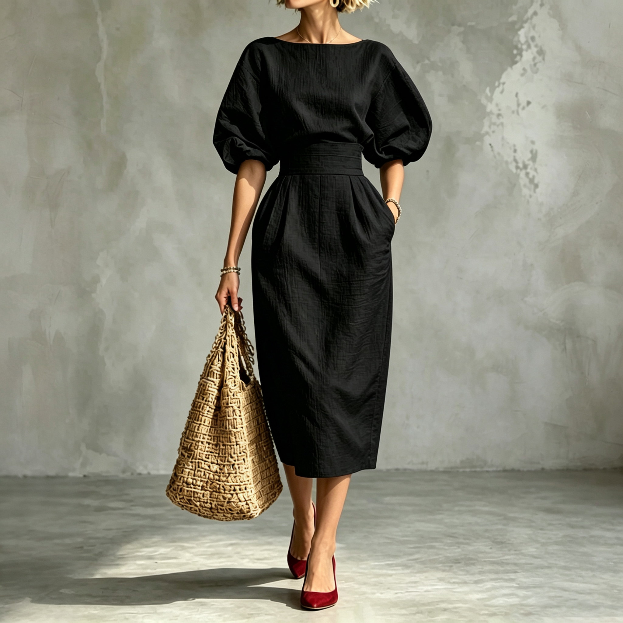 Elegant Pleated Waist Boat Neck A-line Skirt With Puff Sleeves Max Dress