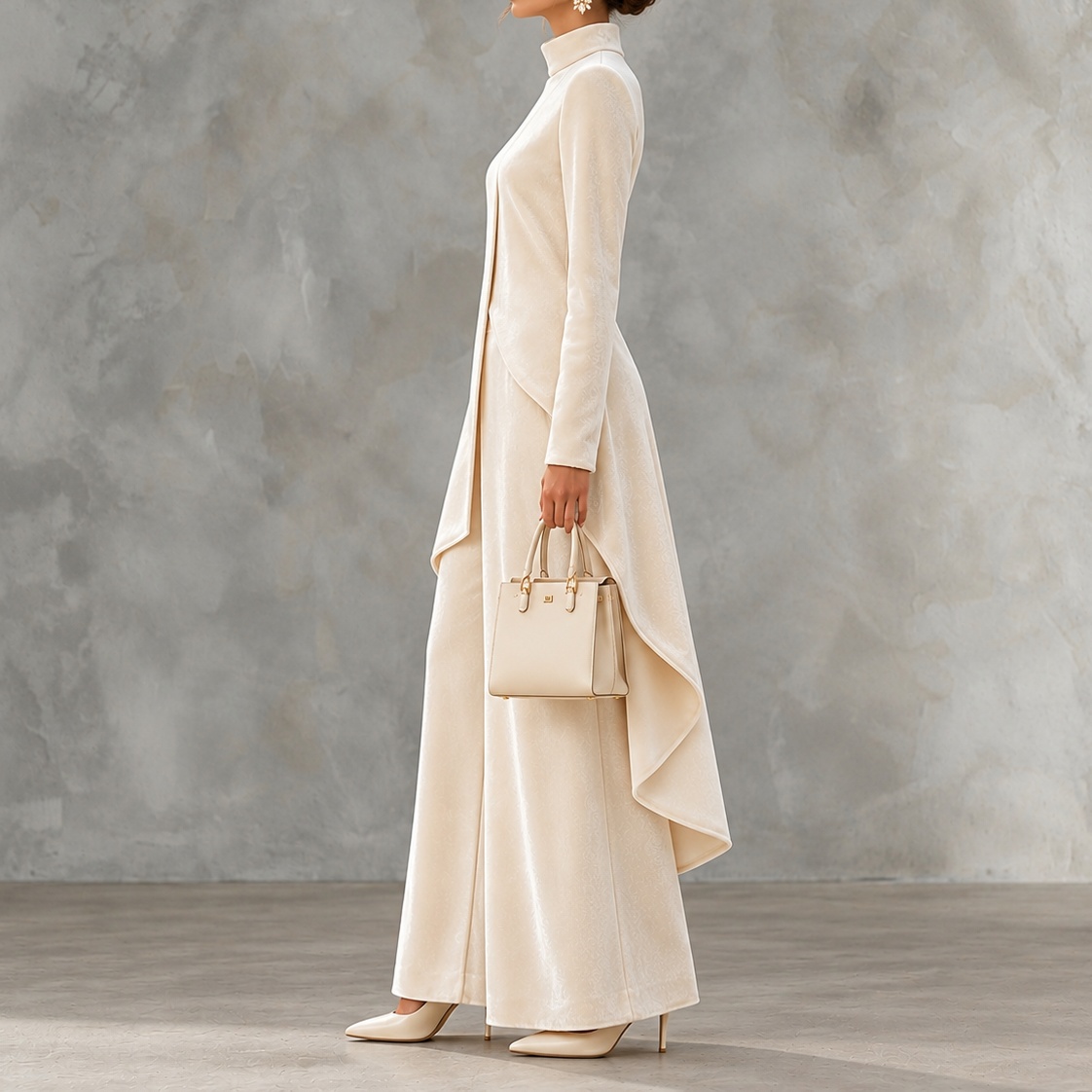 Velvet Asymmetric Long Sleeves And Stand Collar Two-piece Set
