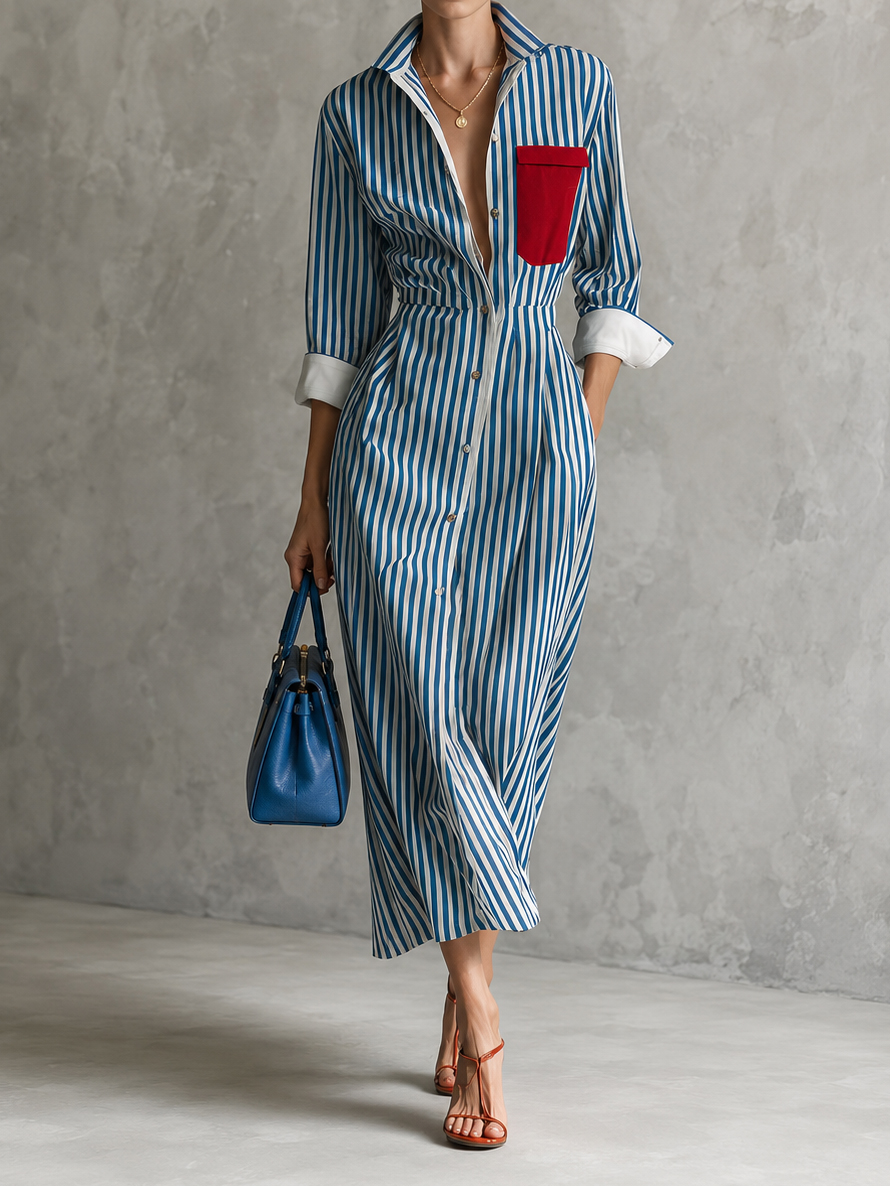 Elegant Striped Front-opening Long Shirt  Maxi Dress