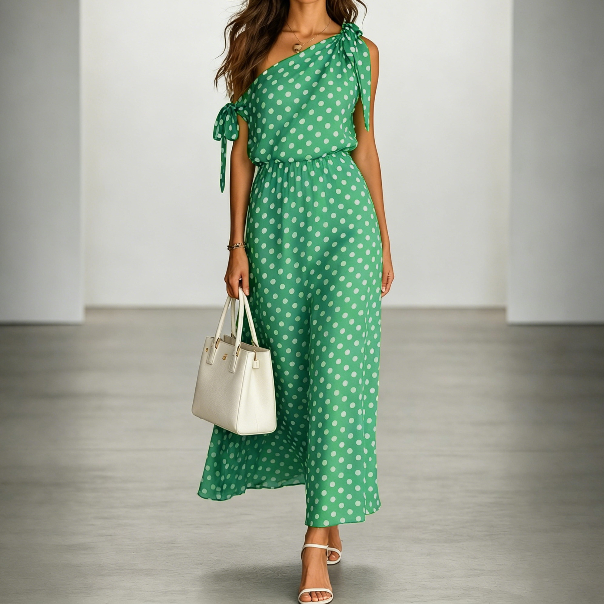 Elegant Off-shoulder Sleeveless Polka Dot Maxi Dress