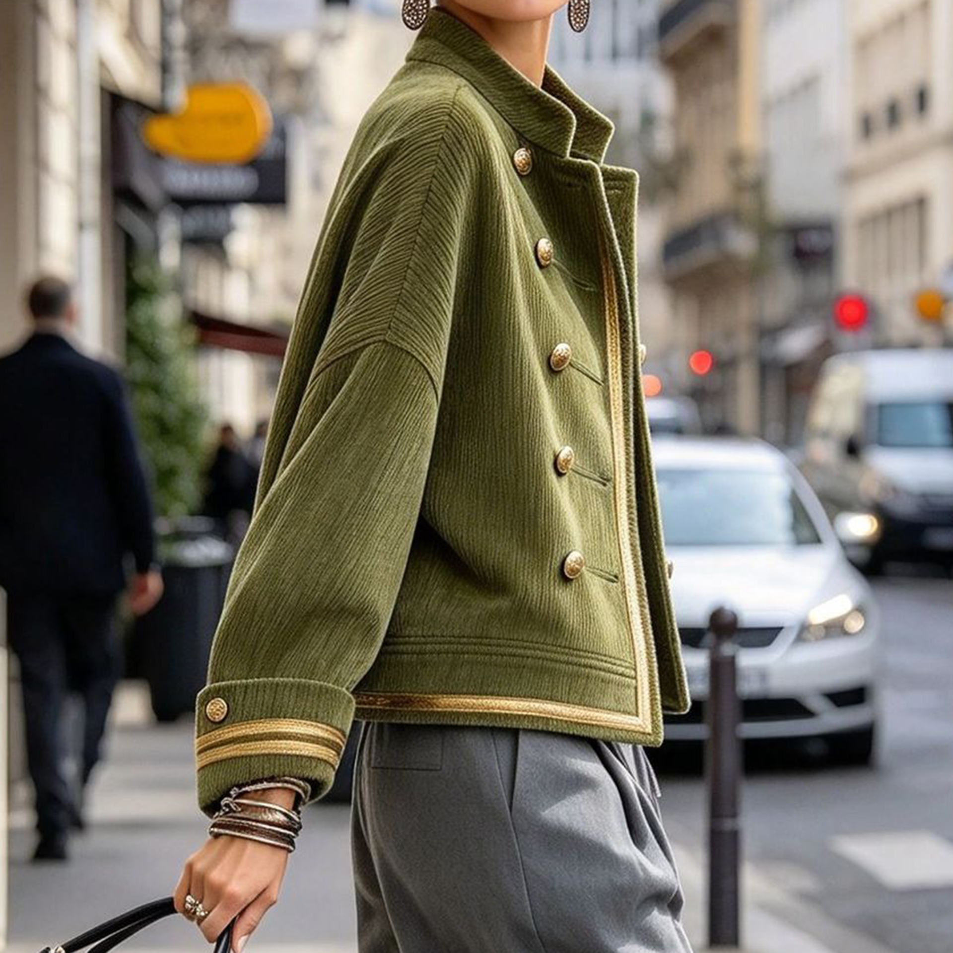 Women's Fall Winter Cozy Napoleonic Stand-up Collar Gold Trim Double-breasted Button Corduroy Jacket