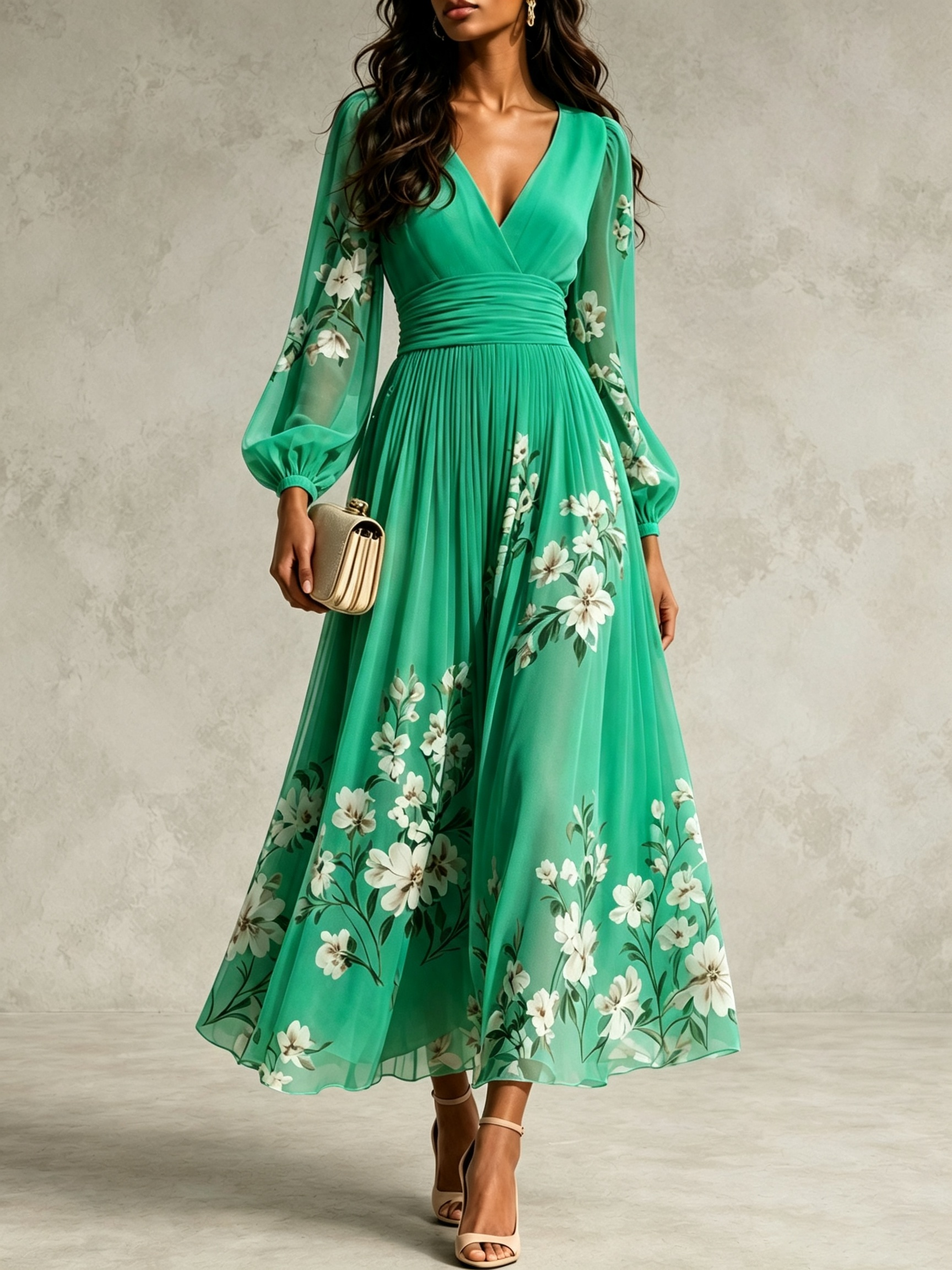 Elegant Floral Print Long-sleeved V-neck Pleated Dress