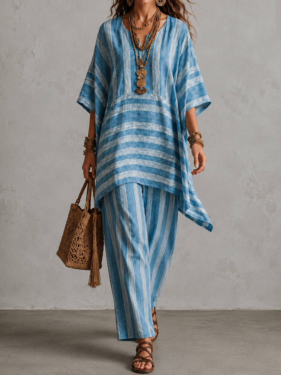 V-neck Loose Striped Top And Loose Wide-leg Pants Two-piece Set