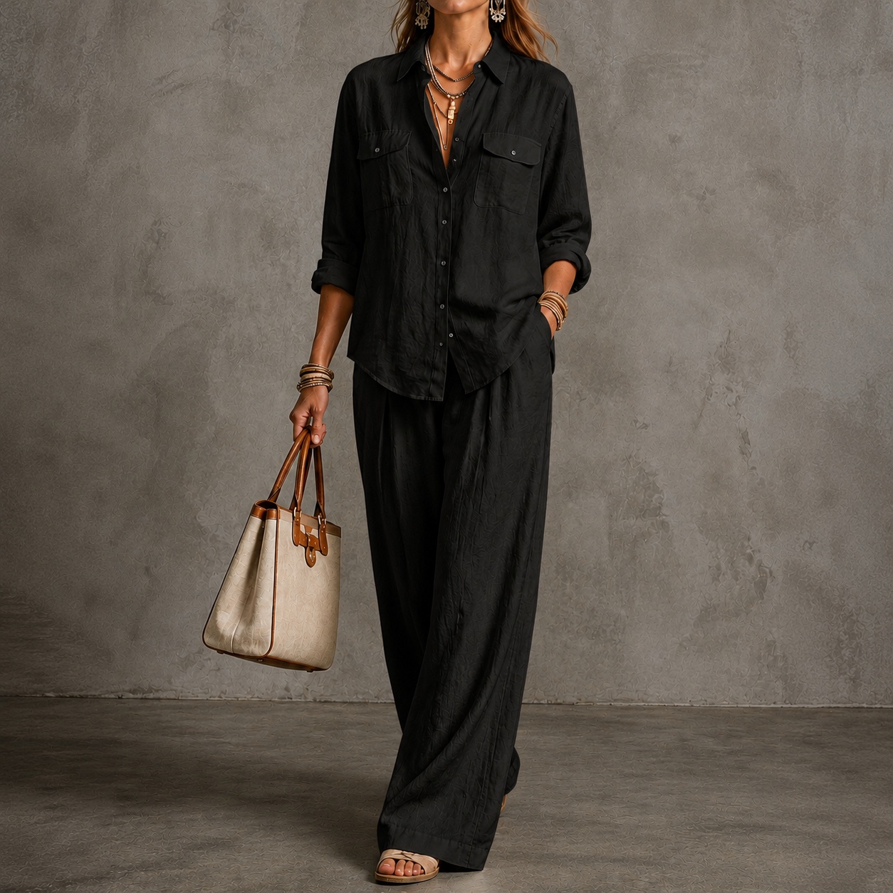 Elegance Long-sleeved Shirt + Wide-leg Pants Two-piece Set