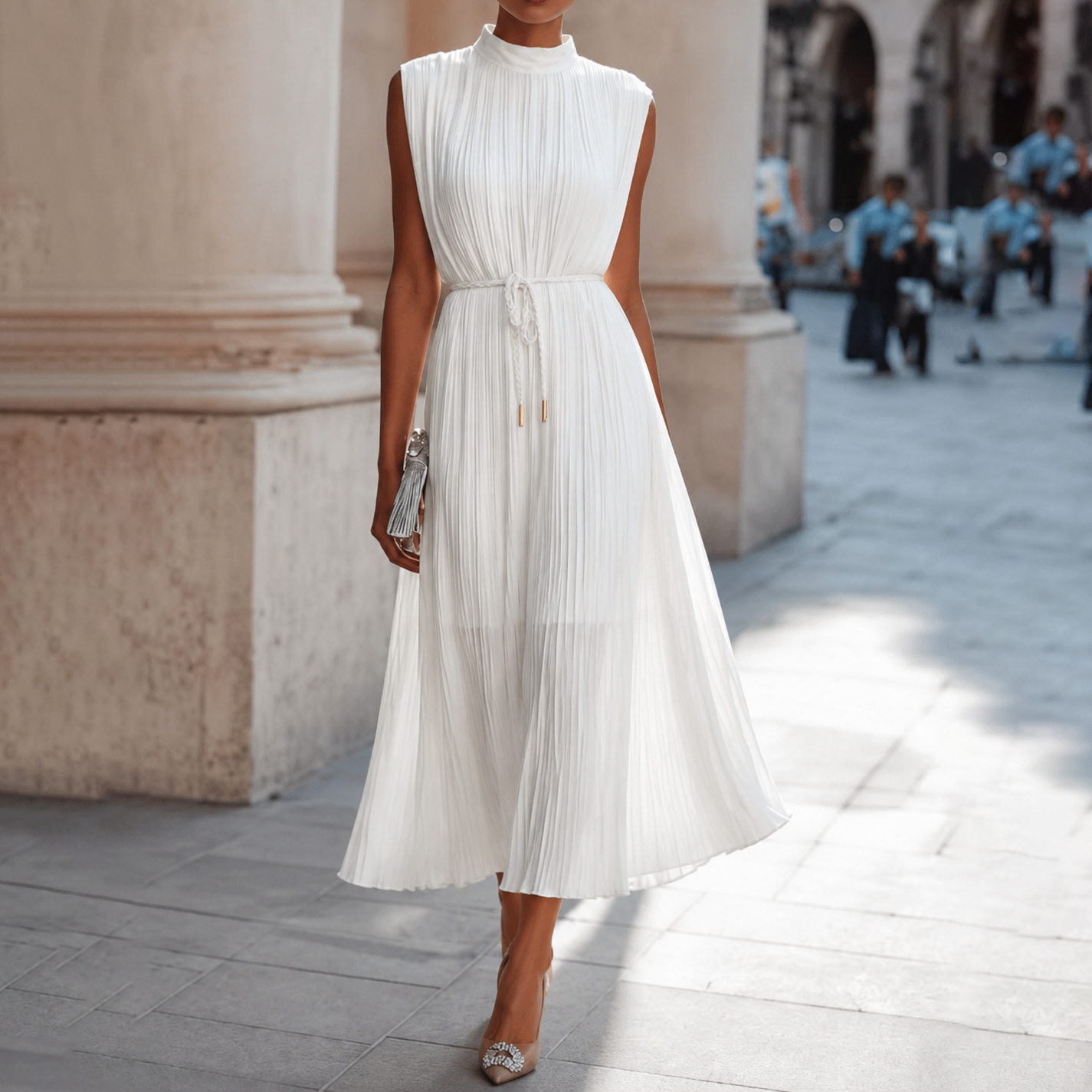 Elegant High Collar With Gathered Details Maxi Dress