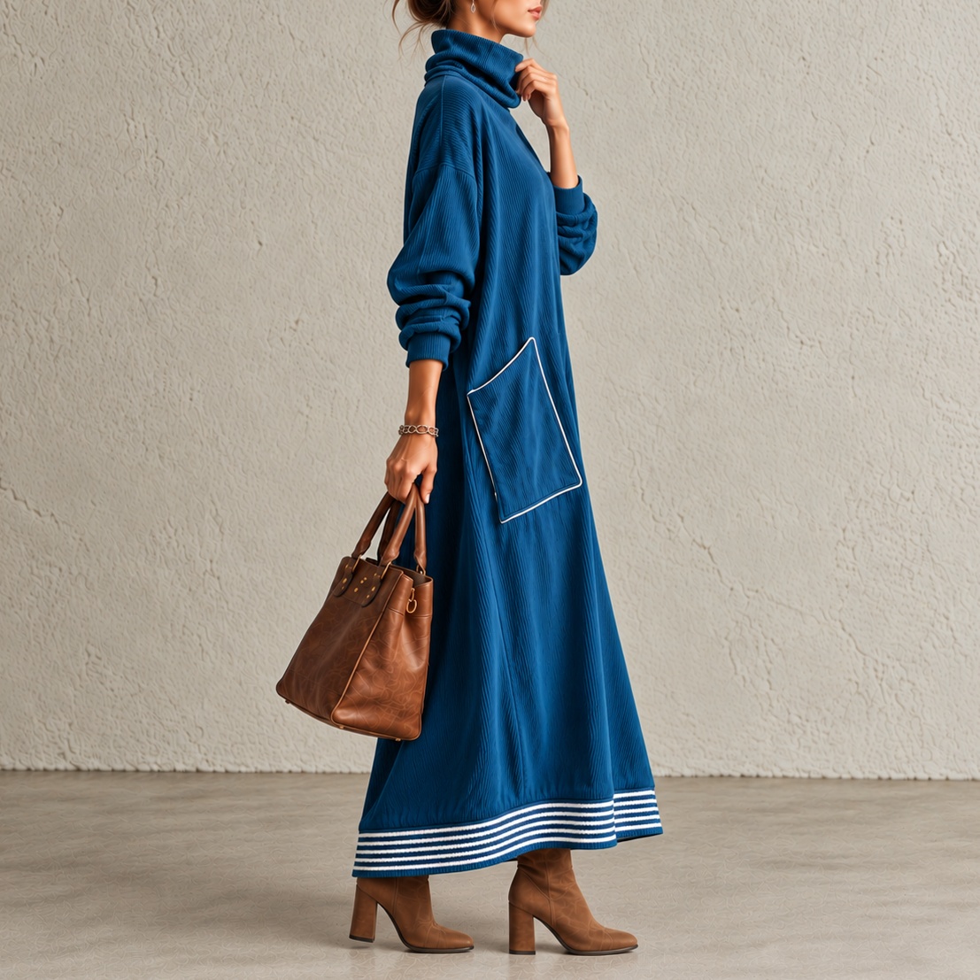 Stand Collar Loose Long-sleeve Maxi Dress