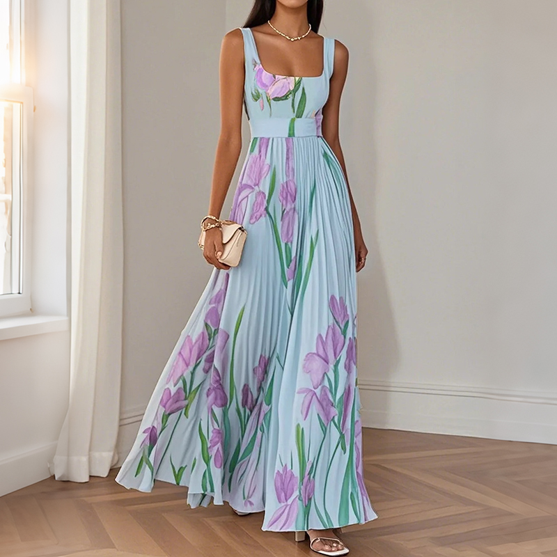 Elegant Floral Pattern Sleeveless Pleated Dress