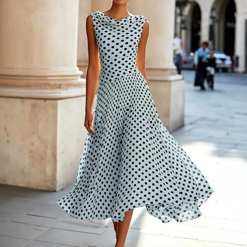 Elegant Polka Dot Sleeveless Flowy Midi Dress