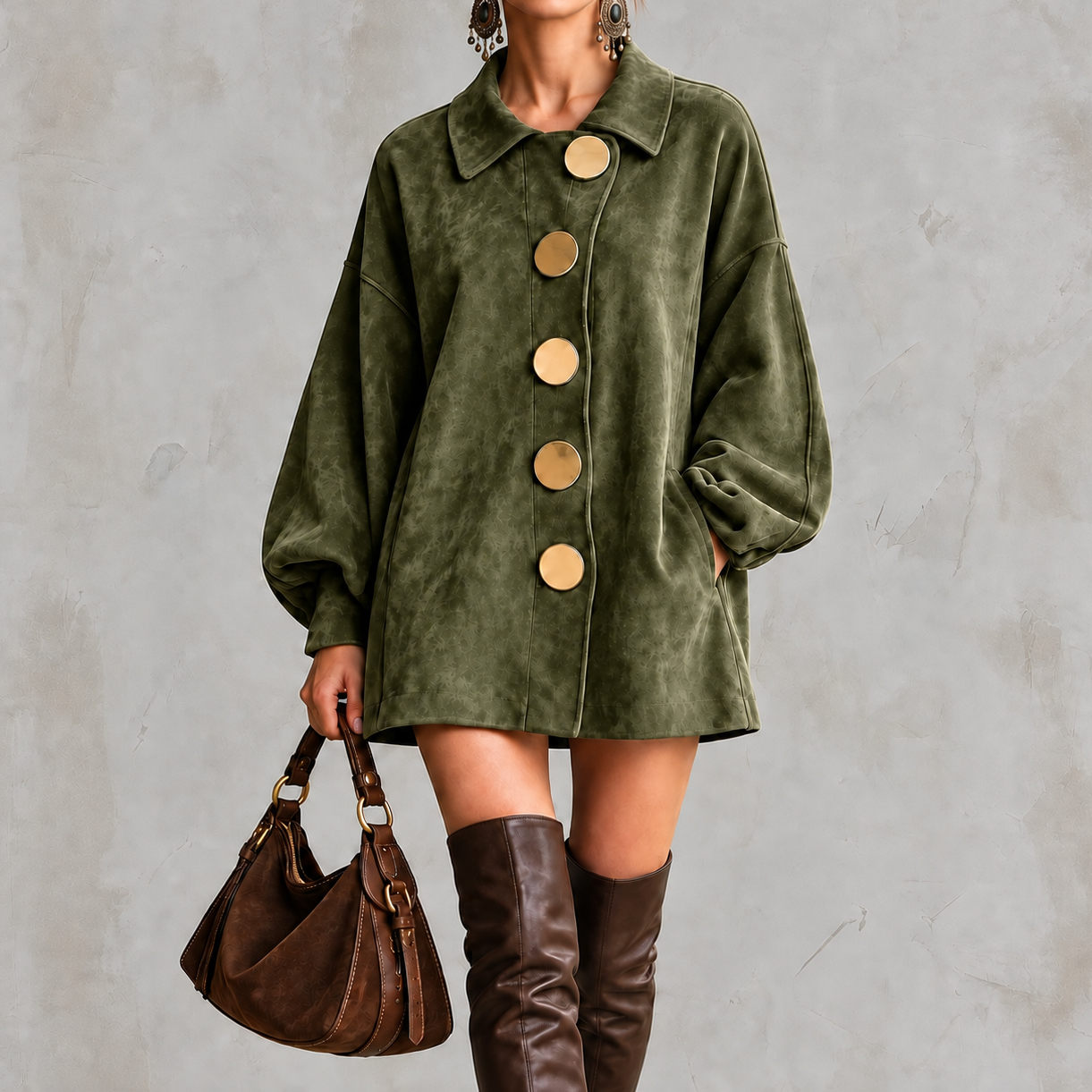 Dropped-shoulder Sleeves Lapel Suede Mini Dress