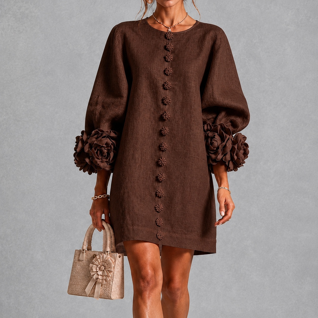 Elegant 3d Floral Lantern Sleeves Midi Dress