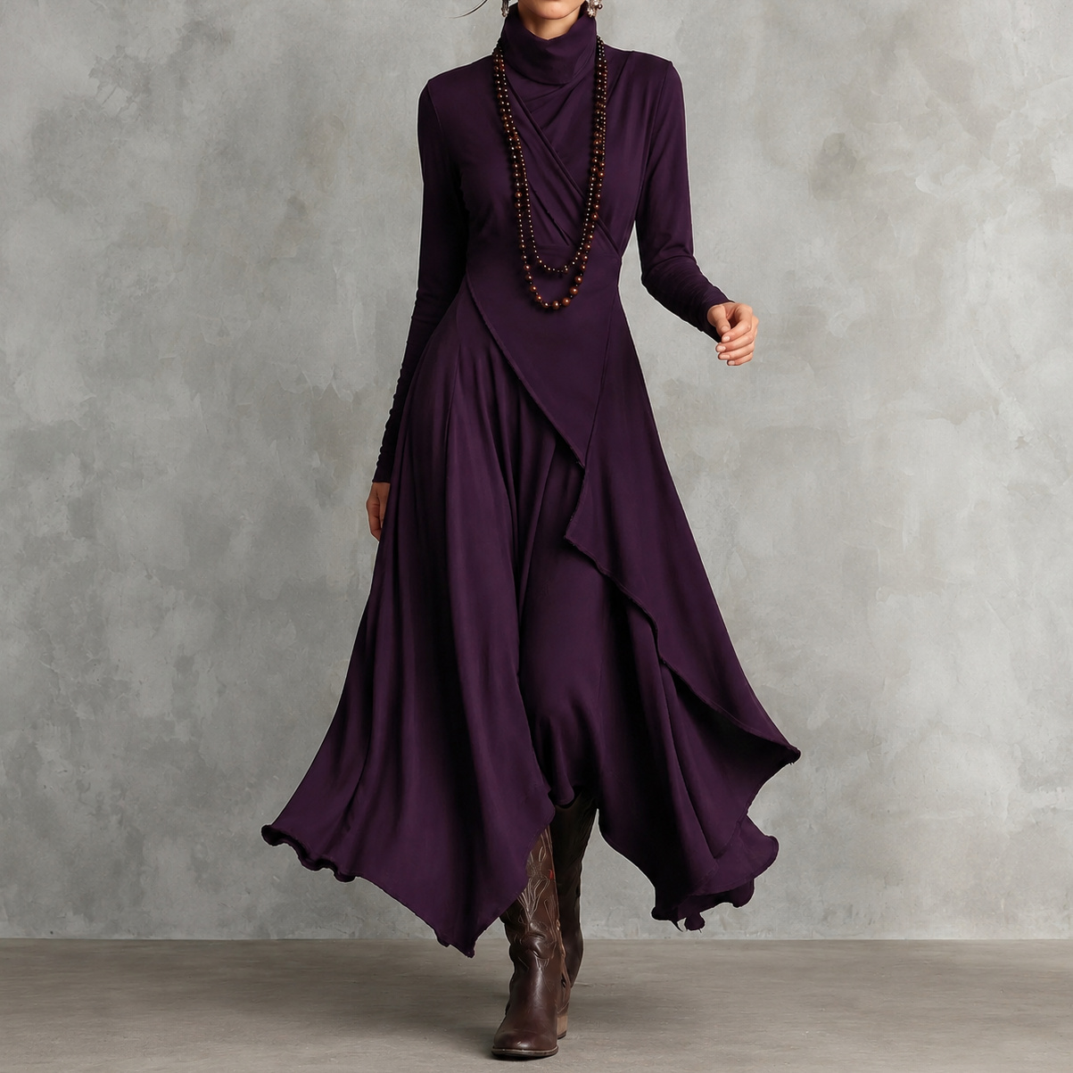 Retro Solid Color Long-sleeved Turtleneck Maxi Dress