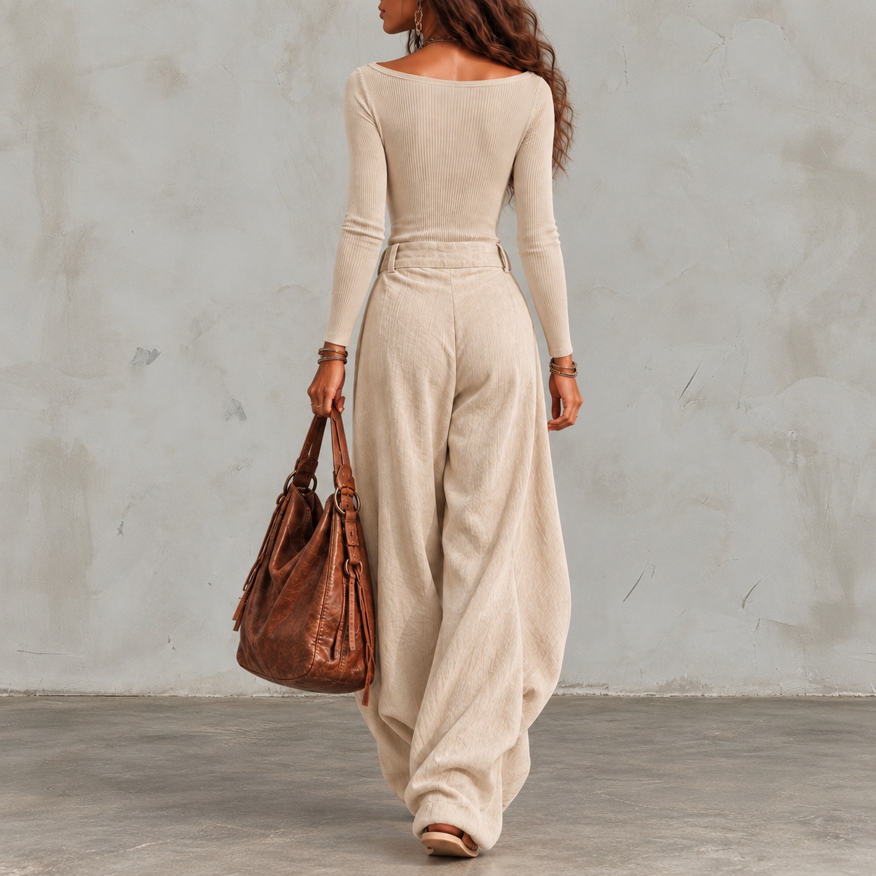 Off-shoulder Fitted Top And Asymmetric Wide-leg Trousers Two-piece Set