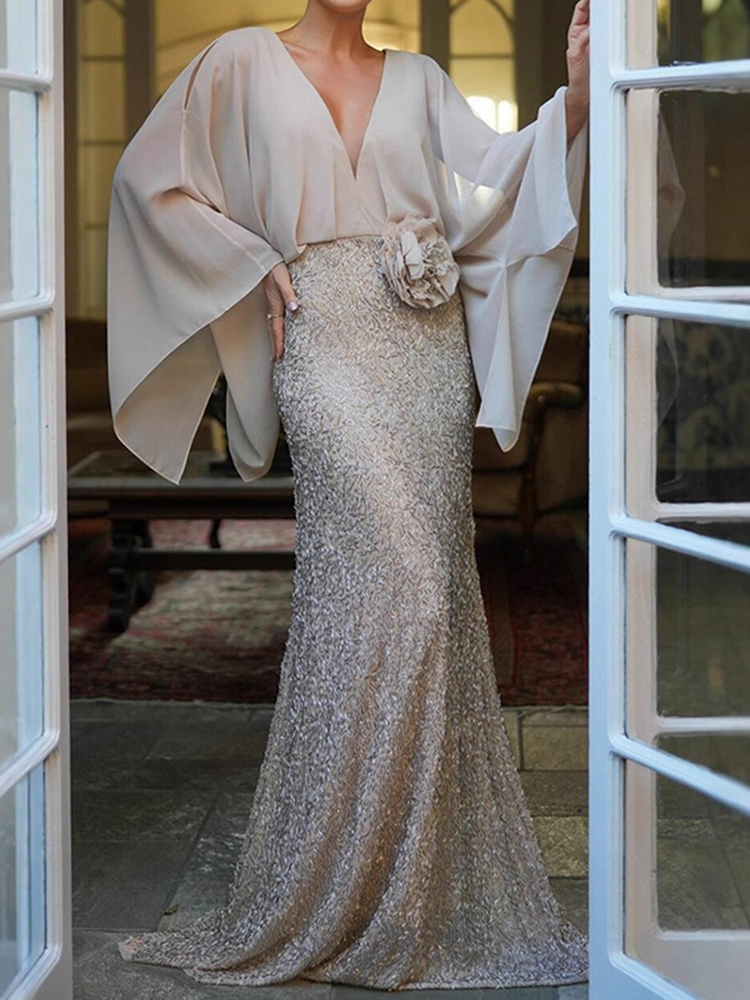 French Style Sequined Fishtail Skirt High Waist Maxi Dress