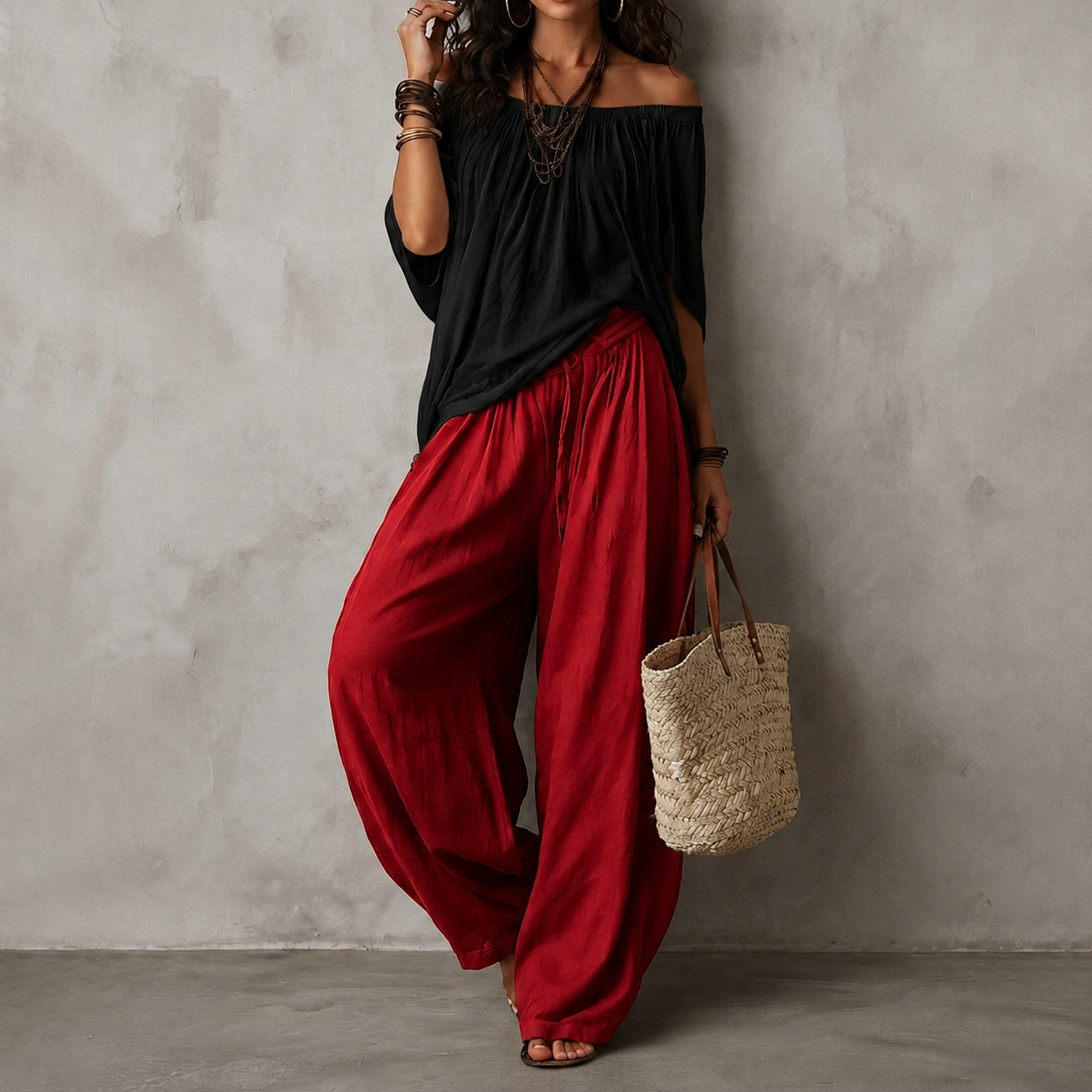Retro Two-piece Set Wide-leg Pants + Off-the-shoulder Top