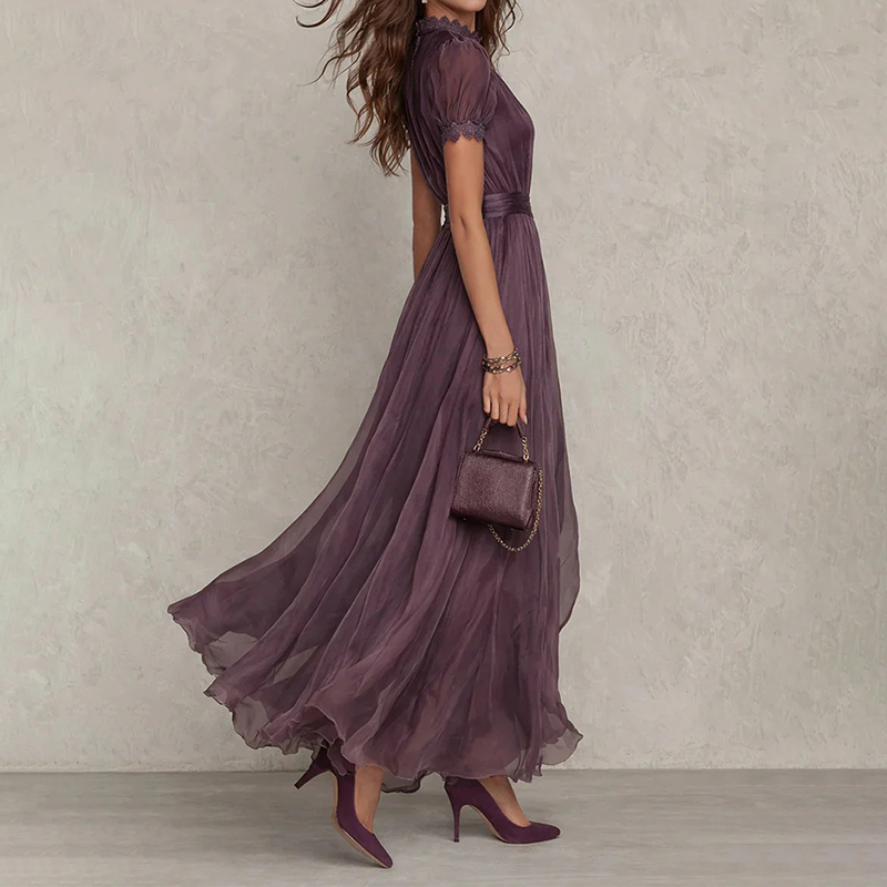 Elegant Turtleneck Lace Spliced ​​flowing Chiffon Dress