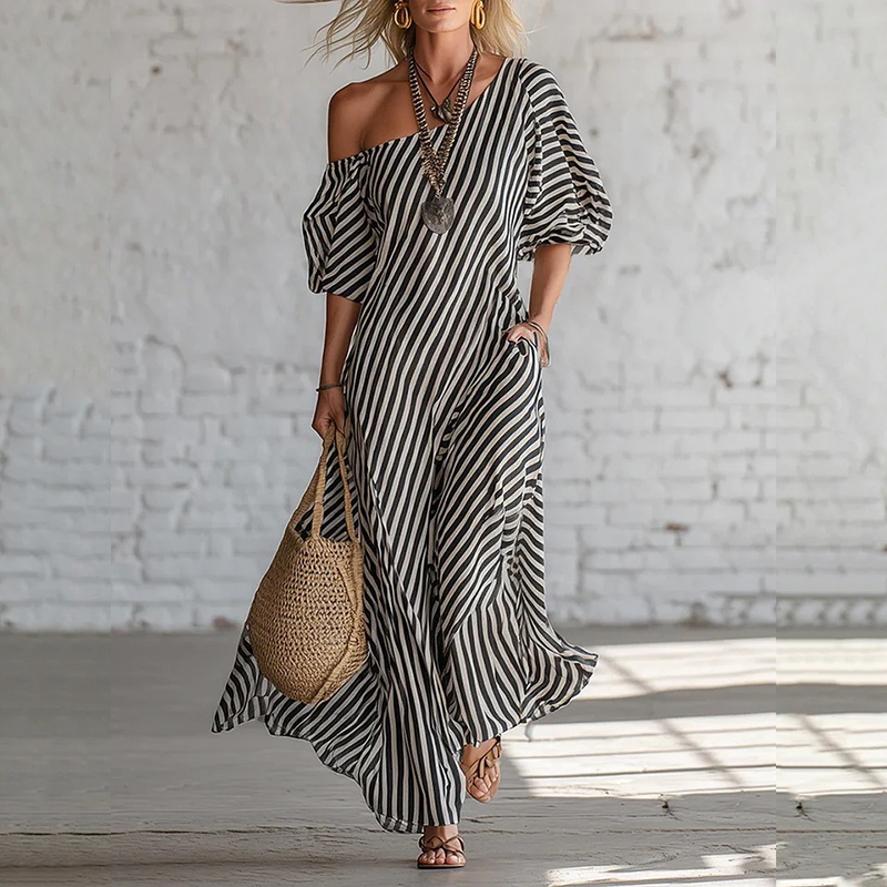 Women's Elegant Striped Off-shoulder Cotton Dress