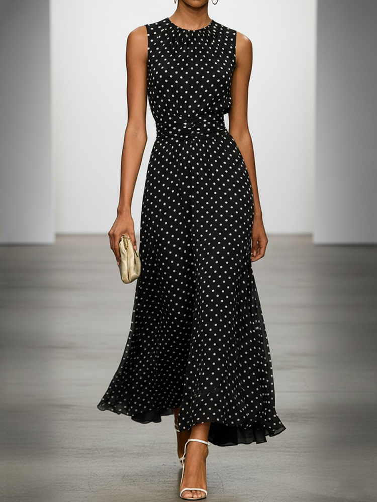Women's French Style Waist-skimming Polka Dot Sleeveless Dress