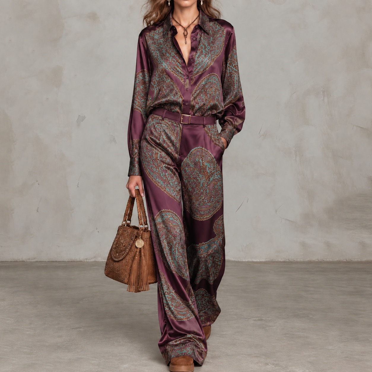 Paisley Print Long-sleeve Shirt And Wide-leg Trousers Set