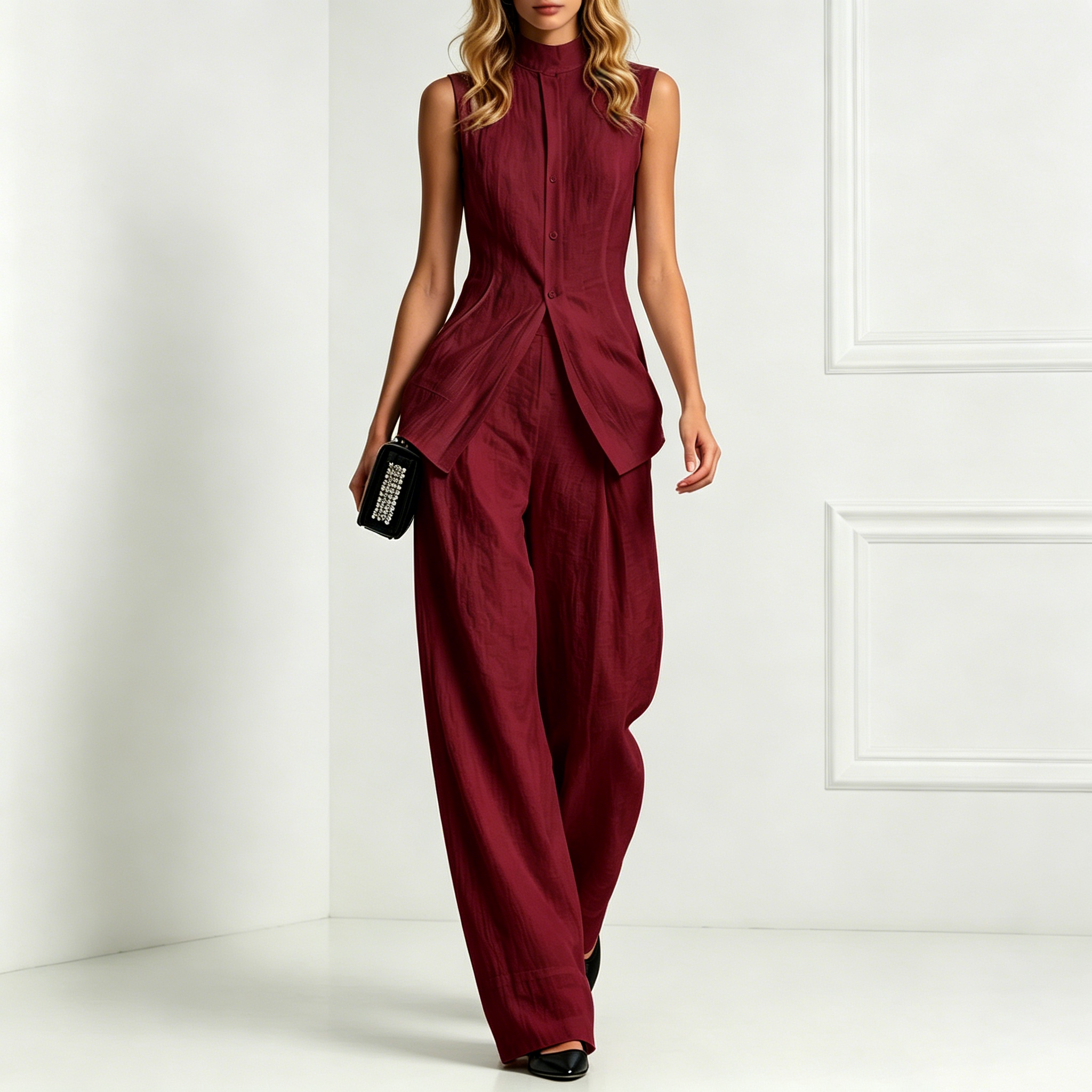 Fashion Elegant Solid Color Sleeveless Cotton Linen Shirt And Trousers Set