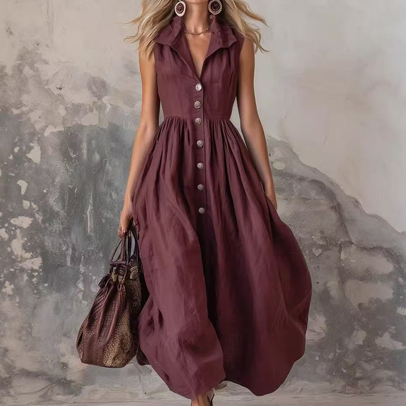 Stylish Solid Color Lapel Slim Maxi Dress
