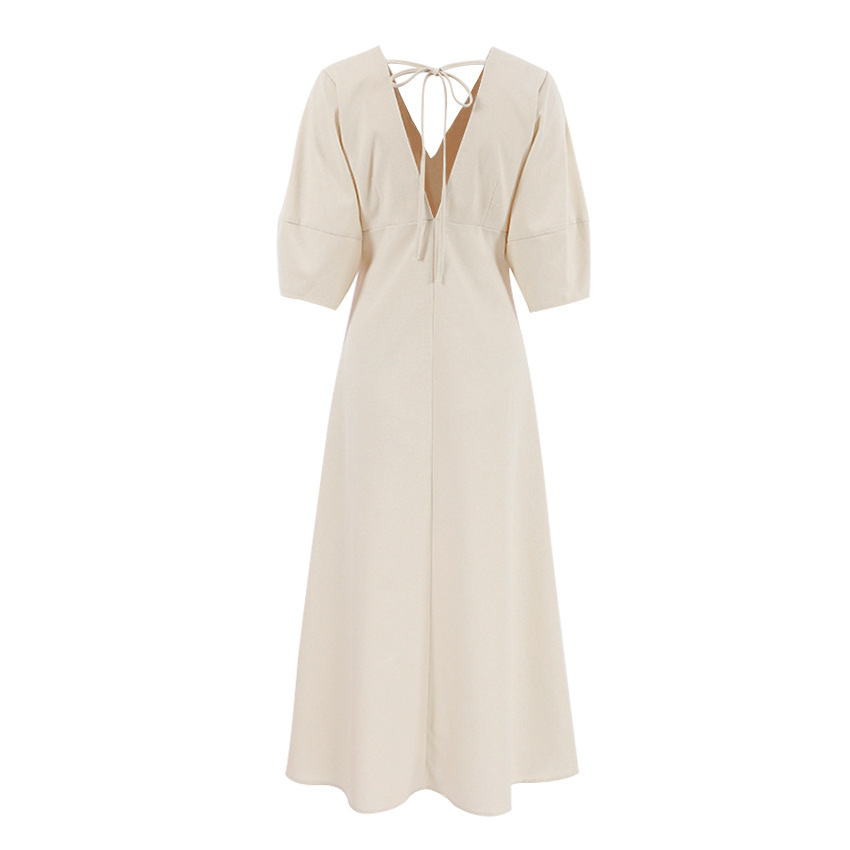 Vacation Cotton Linen Puff Sleeve V-neck Maxi Dress