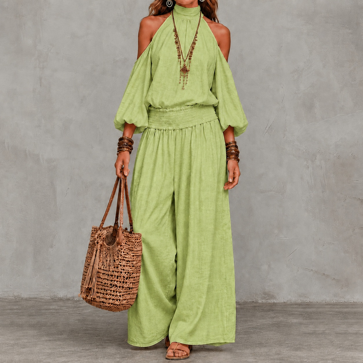 Elegance Long-sleeved Openwork Top And Gathered Trousers Two-piece Set