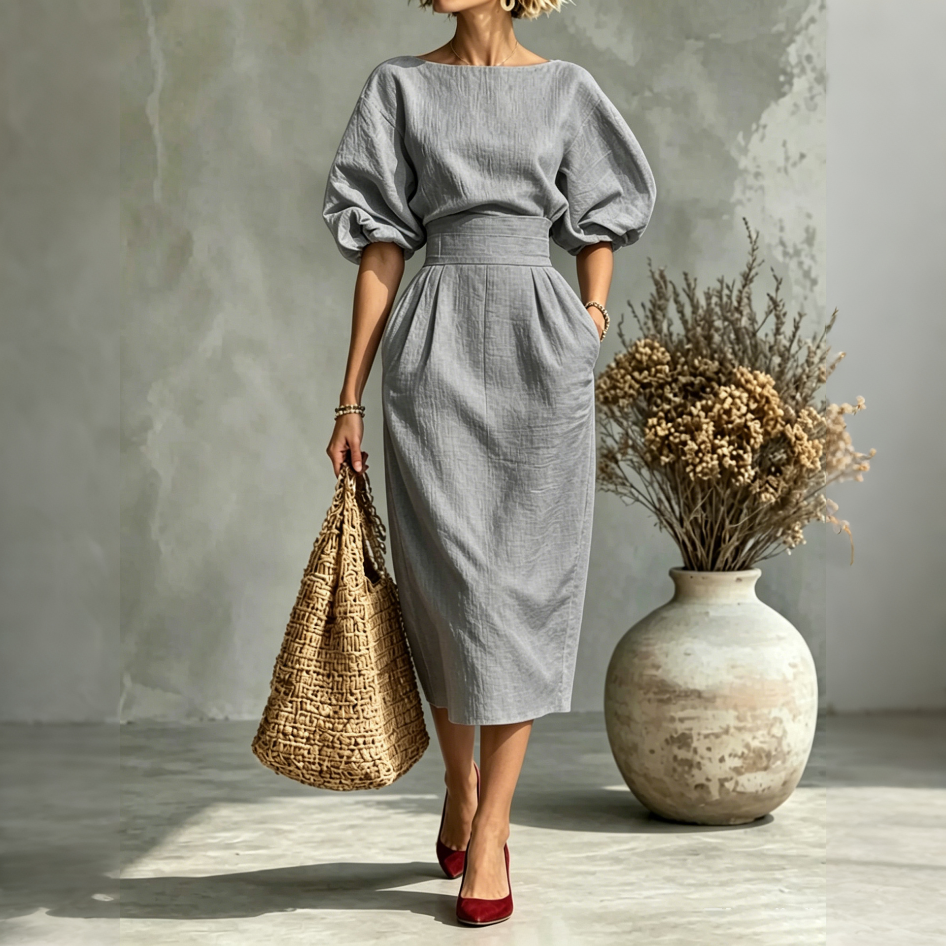Elegant Pleated Waist Boat Neck A-line Skirt With Puff Sleeves Max Dress