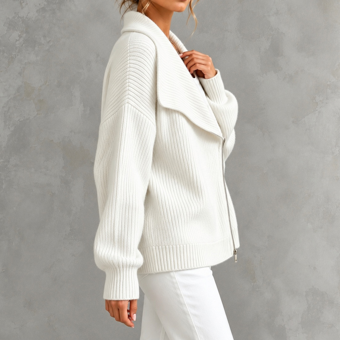 Elegant Solid-color Loose-fit Zip-up Knit Cardigan