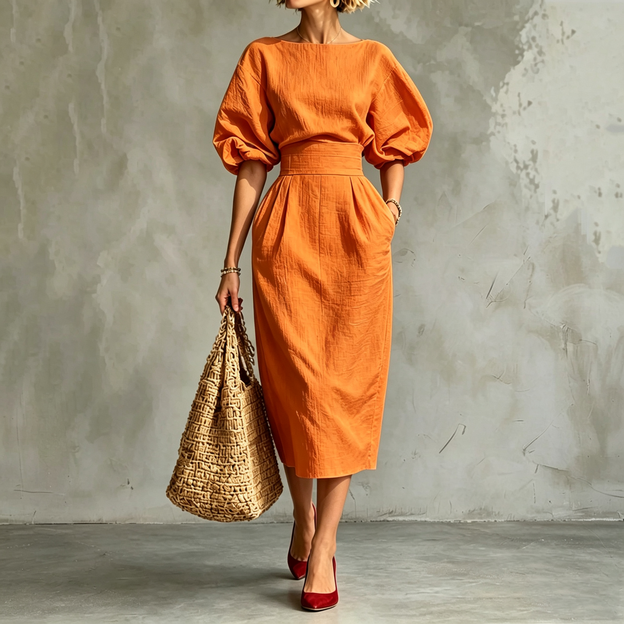 Elegant Pleated Waist Boat Neck A-line Skirt With Puff Sleeves Max Dress