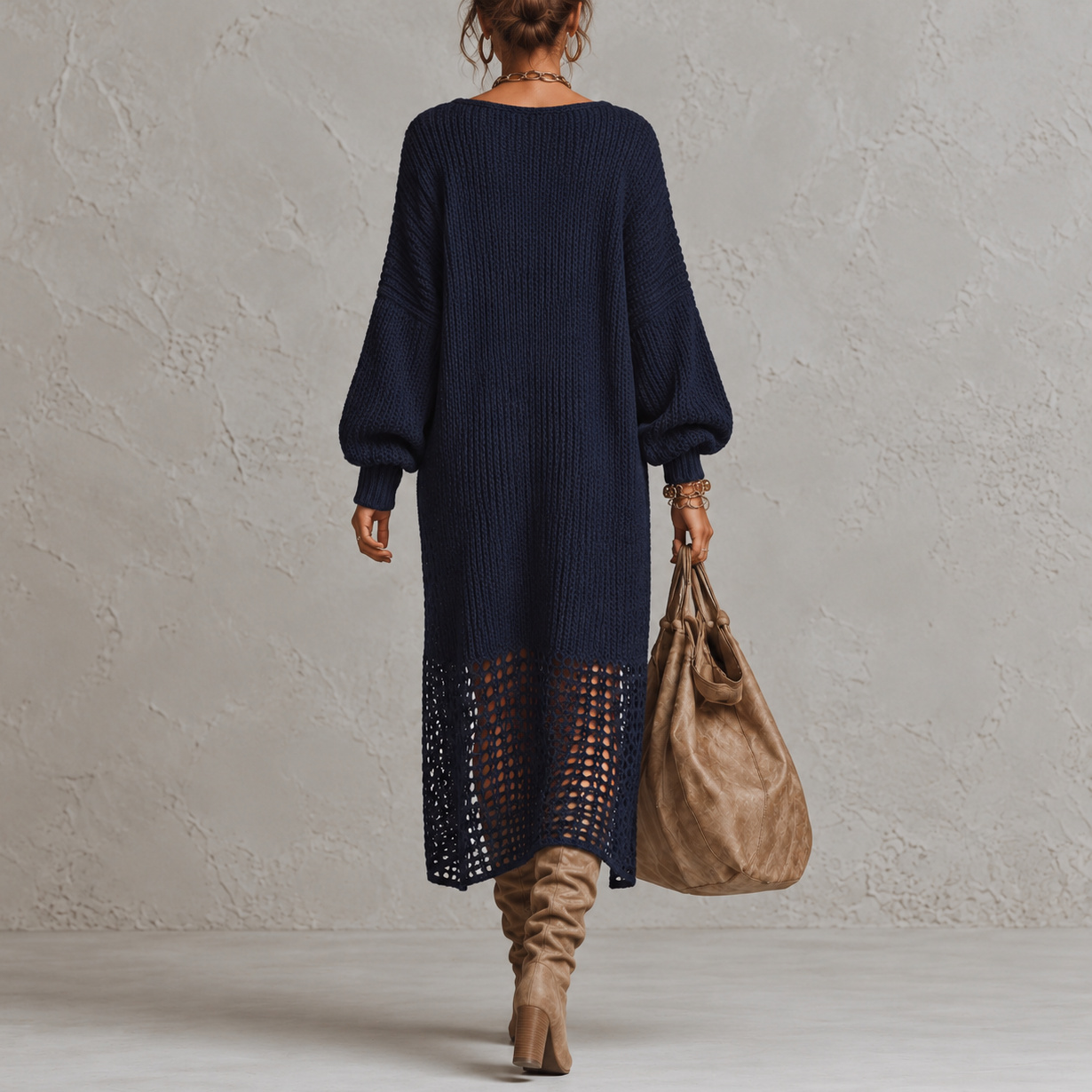 Retro Long-sleeved Knit V-neck Maxi Dress