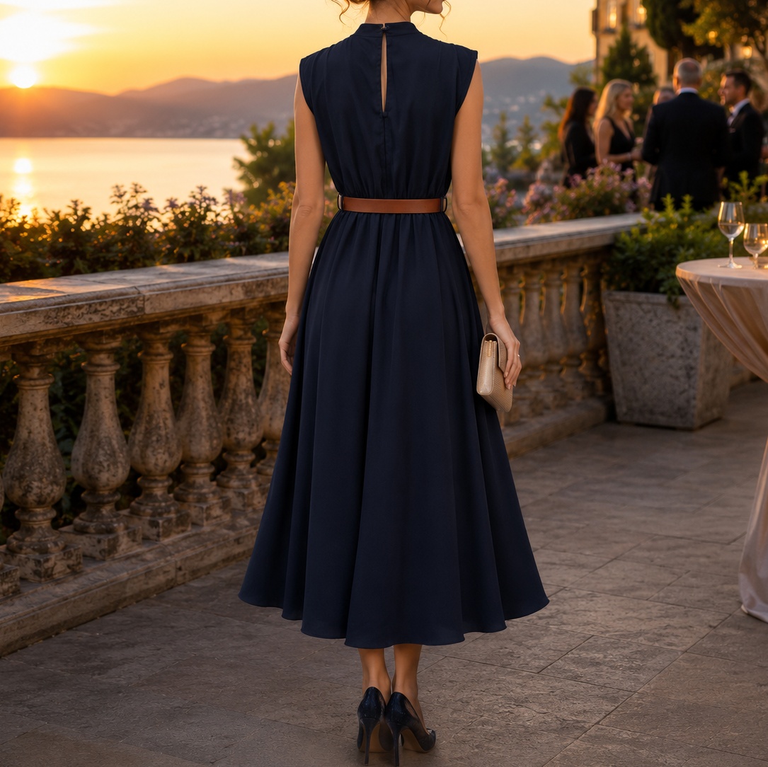 Elegant Solid Color Sleeveless With One-sided Ruching And Belt Maxi Dress
