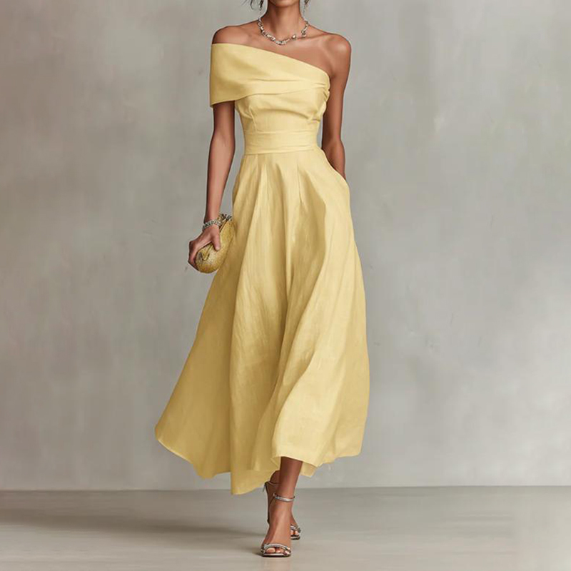 Women's Solid Color Waist Sloping Neck Backless Elegant Dress