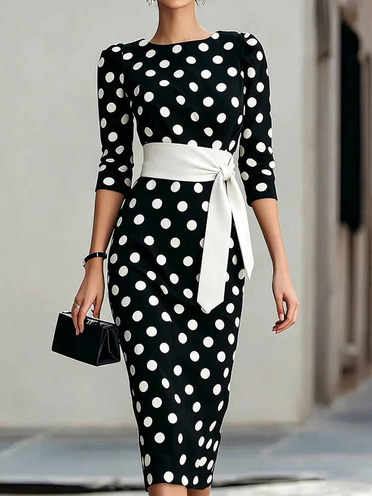 Retro Polka Dot Lace Up Waist Slim Fit Midi Dress