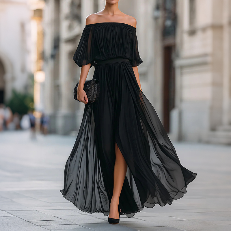 Off-shoulder Pleated Chiffon Maxi Dress