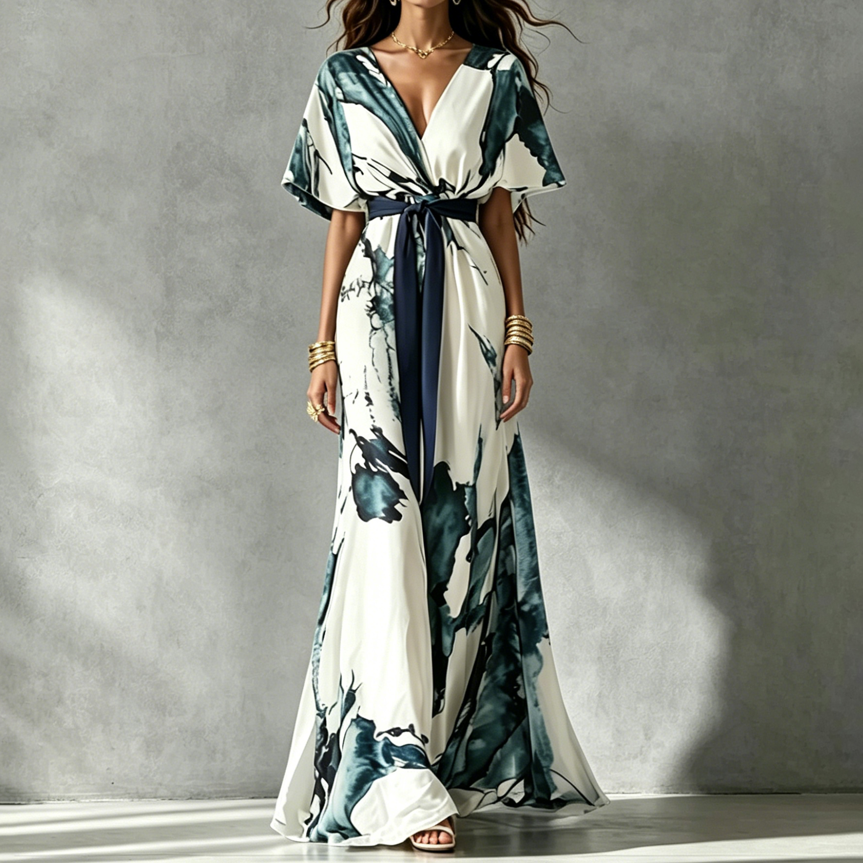 Elegant  V-neck Printed Maxi Dress