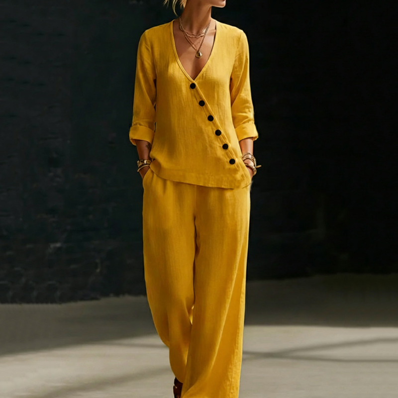 Minimalist Loose V-neck Slant-button Shirt And Wide-leg Pants Two-piece Set