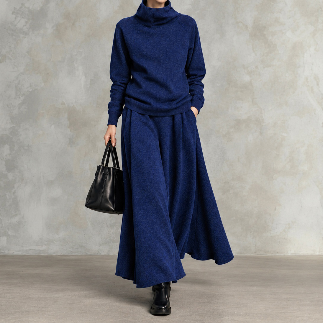 Elegance Solid-color High-neck Sweatshirt And Long Skirt Two-piece Set