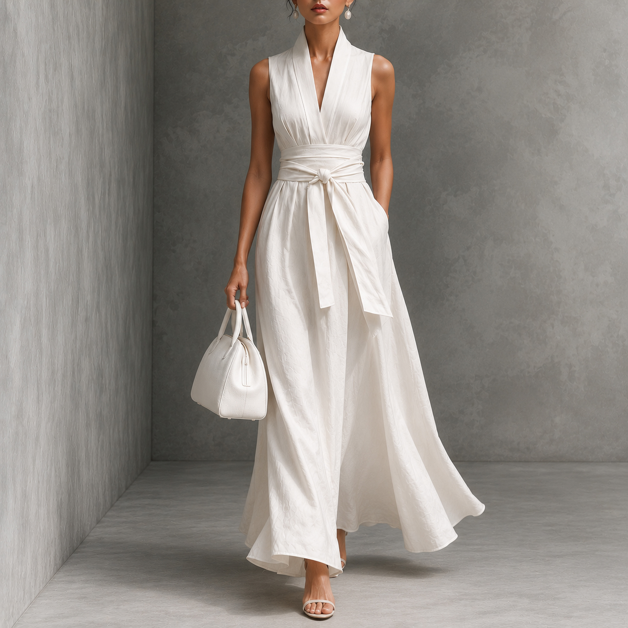 Elegant Solid Color V-neck Sleeveless Off-shoulder Fitted Waist Tie Maxi Dress
