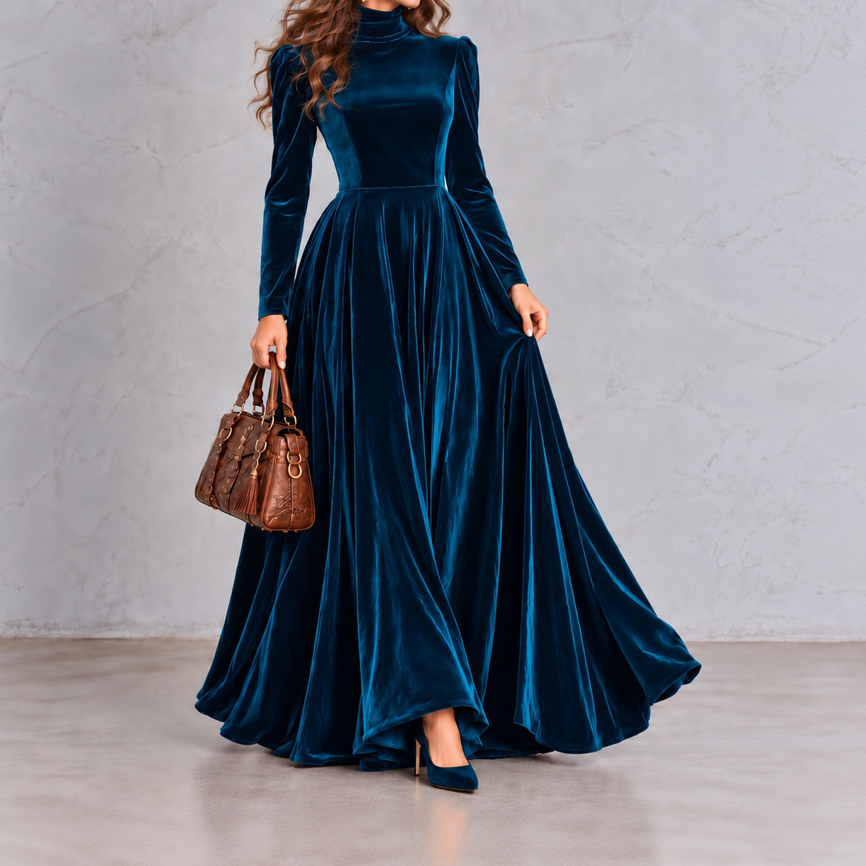 Velvet High-neck Voluminous Maxi Dress