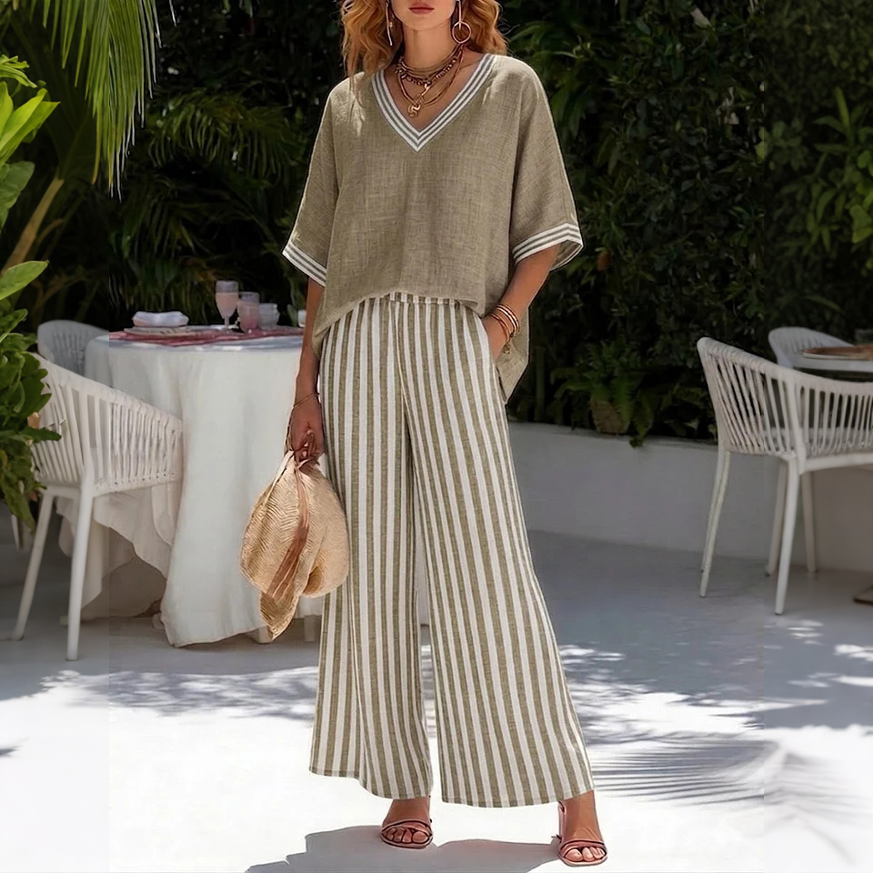Loose V-neck Short-sleeved Top And Striped Wide-leg Pants Two-piece Set