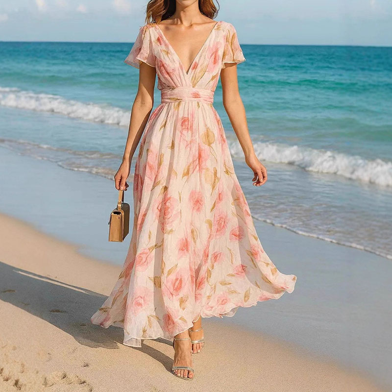 Women's High Waist Printed French Short Sleeve Dress