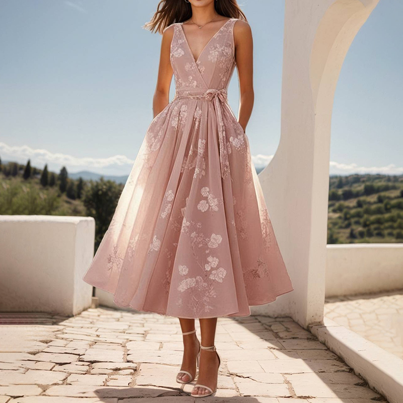 Women's Bow Belt Digital Print Sleeveless V-neck Midi Dress