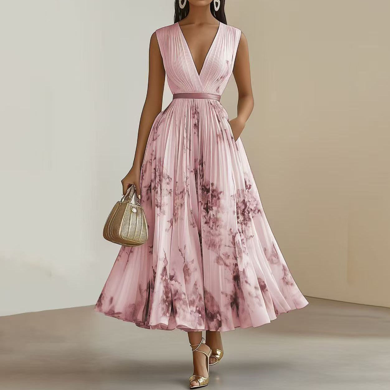 Women's Printed V-neck Sleeveless Fashion Pleated Dress